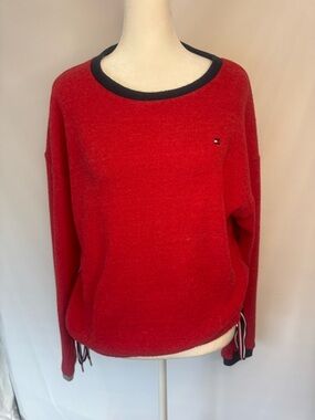 Tommy Hilfiger Red Scoop Neck Sweater with Navy Trim, Tommy Tie Detail At Hem